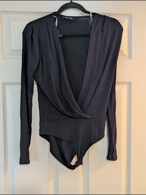 BLVD Black Long-Sleeve Deep V Surplice Bodysuit